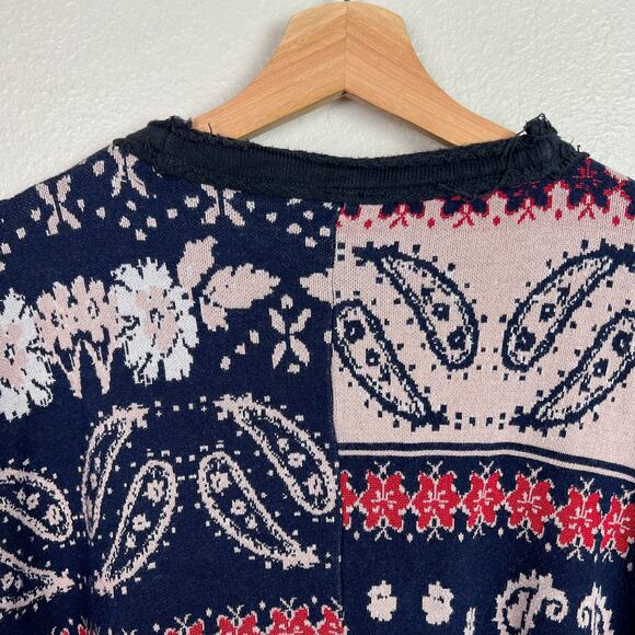 Free People Size M/L Pieced Paisley Oversized Boho Tunic Sweater‎ Fringe Poncho - Picture 7 of 11